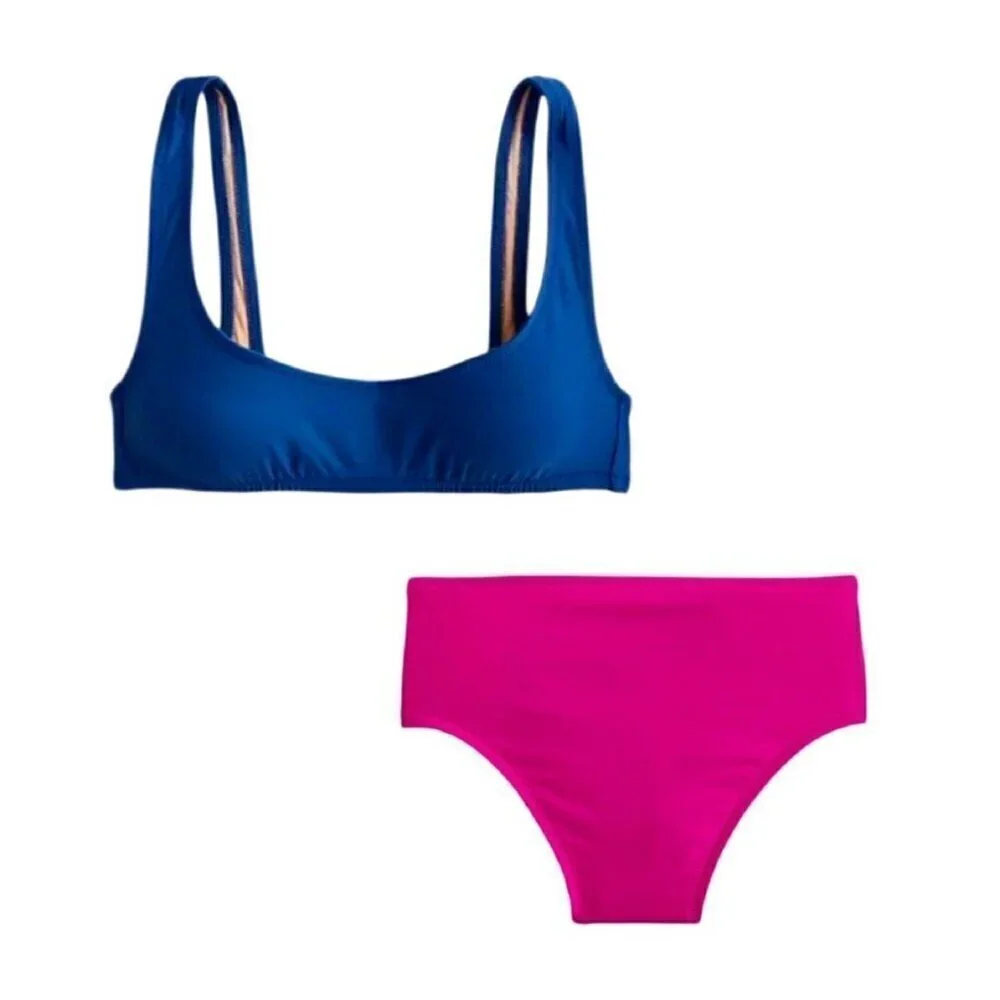 J Crew Colorblock Bikini Sz Medium Heritage 90s Scoop Neck Top HIgh Rise Bottom